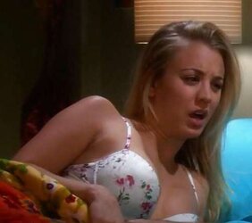Kaley Cuoco in white flowery hooter-sling