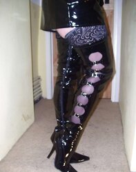 Mega-Bitch wifey Deb in pvc sundress footwear and ebony tights