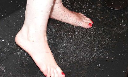 Wifes GORGEOUS shower humid soles sole crimson toes