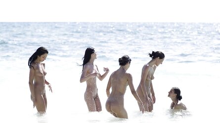 5 bare women at the beach