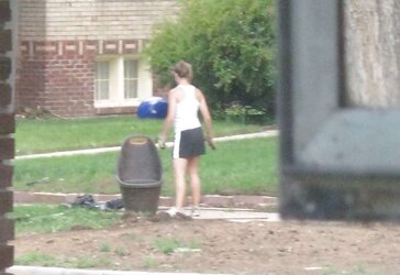 Neighbors displaying off, doing yardwork in skirts (original)